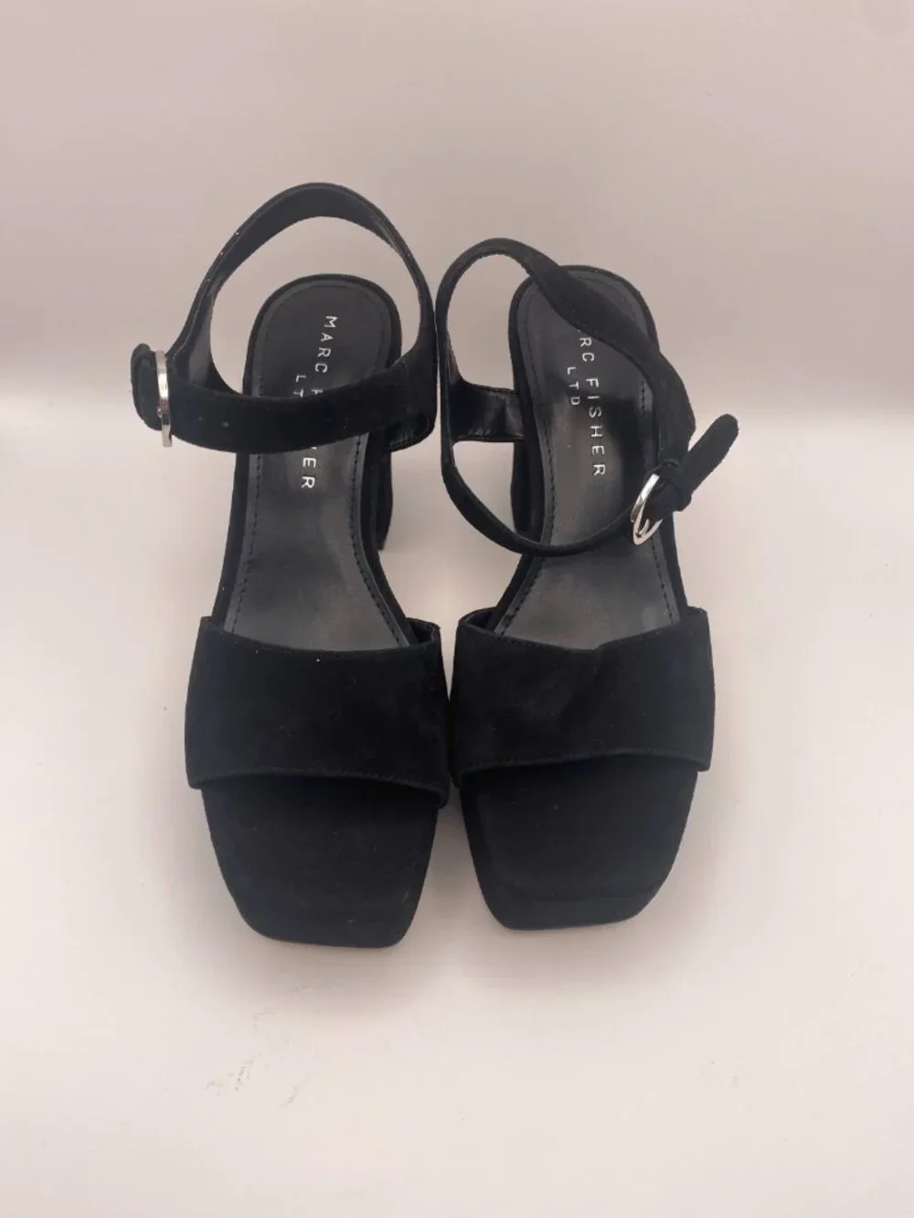 Marc Fisher LTD Women Cinthia Black Leather Platform Heel Sandal Sz 7
